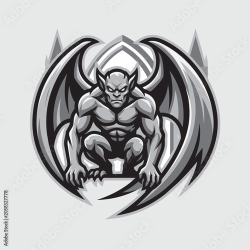 Gargoyle Demon with Wings Crouching Dark Fantasy Circle Badge Vector