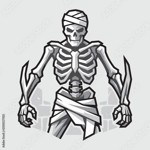 Mummy Skeleton Zombie Wrapped Bandages Full Body Dark Vector Illustration