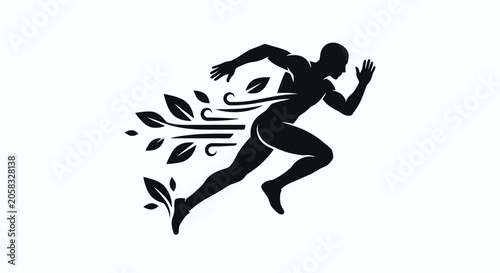 a black silhouette of a running man with leaves.
