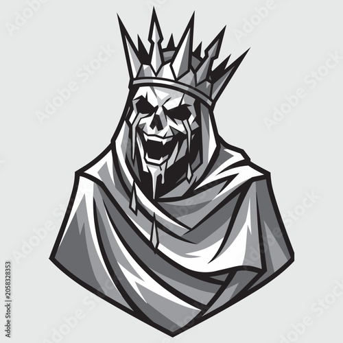 Skeleton King with Crown Laughing Dark Fantasy Portrait Vector Illustration