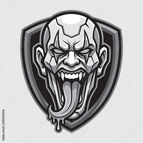 Vampire Demon with Tongue Out Shield Badge Dark Horror Vector Illustration