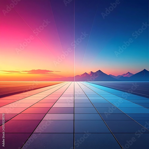 A vibrant digital landscape with a grid road