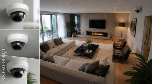 Modern living room featuring integrated security camera system, emphasizing smart home safety and surveillance.