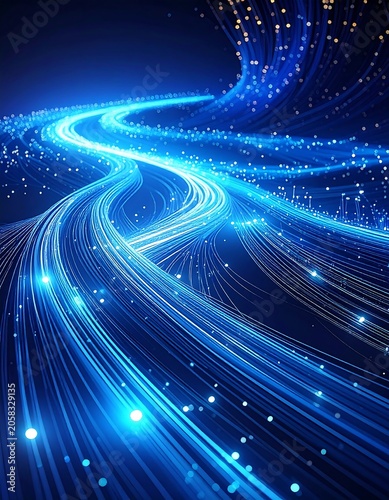 A vibrant, abstract depiction of glowing blue lines and dots on a dark background