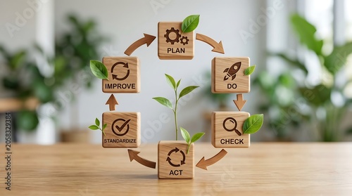 Wooden blocks illustrating the Plan-Do-Check-Act cycle, a continuous improvement process, with green leaves symbolizing growth and sustainability.