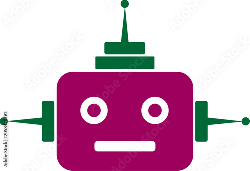 Colorful robot face with green antennae and mechanical arms on white background