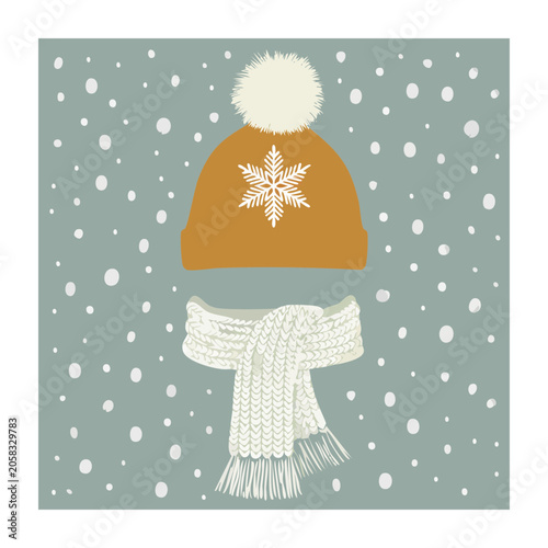 Winter hat and scarf with snowflake pattern illustration
