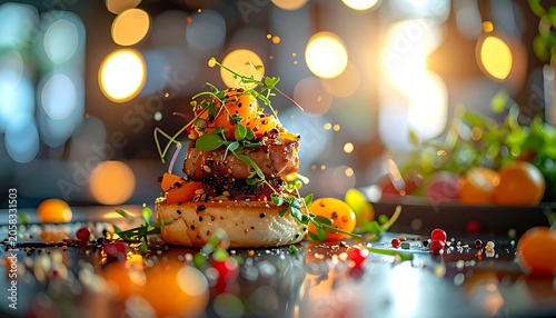 A vibrant dish with a protein base, vegetables, and microgreens