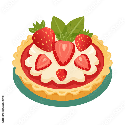Strawberry cake with cream and leaves flat design