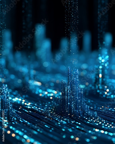 Futuristic AI finance automation landscape, glowing blue data blocks rising from flowing digital grid