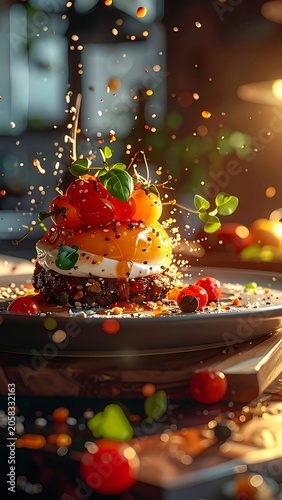 A vibrant dish with falling ingredients