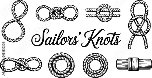 Konstfotografi Sailors knots collection with nautical ropes and marine cordage icons