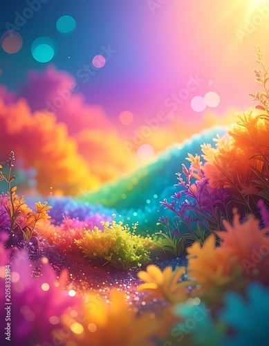 A vibrant, dreamlike landscape with colorful flowers and plants