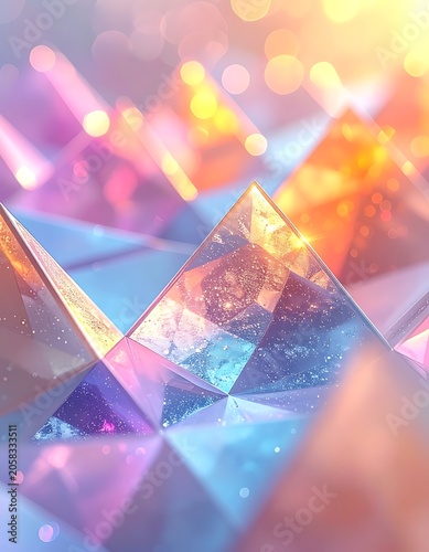 A vibrant, dreamlike scene of colorful, translucent pyramids