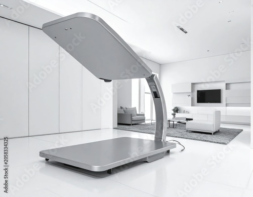Modern indoor device, silver, tilted, in a pristine white living room