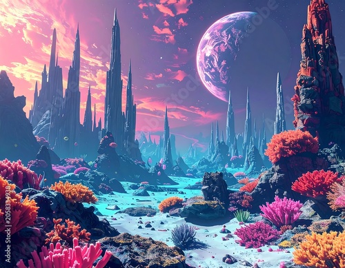 A vibrant, otherworldly landscape with a giant moon, colorful coral, and jagged rock formations