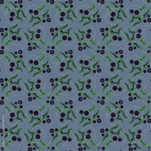 Floral vector seamless pattern from blueberry branches and green leaves on a lavender blue background 