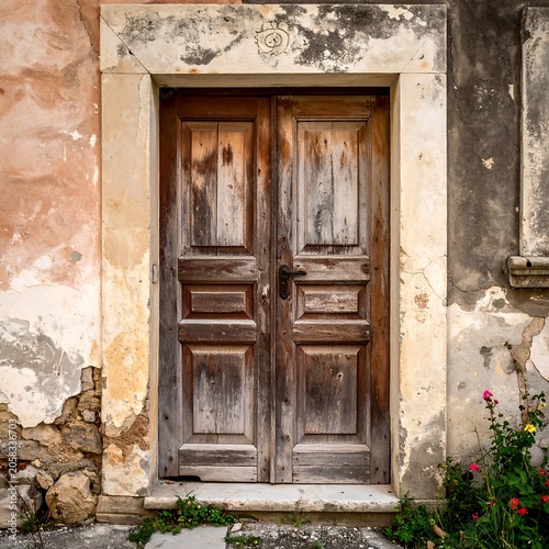 A weathered wooden door with a stone frame set in a worn, peeling wall