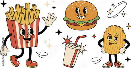 Vintage Retro Fast Food Mascot Vector Set in Trendy 30s Rubber Hose Style Featuring Hamburger French Fries Soda Cup and Potato Chip