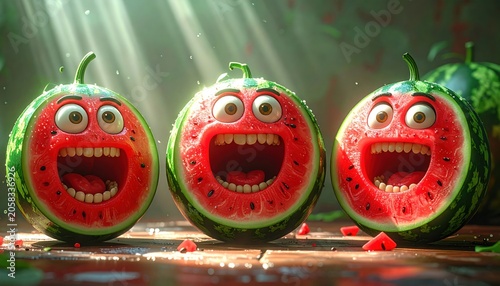 Three animated watermelons with big smiles and bright red insides