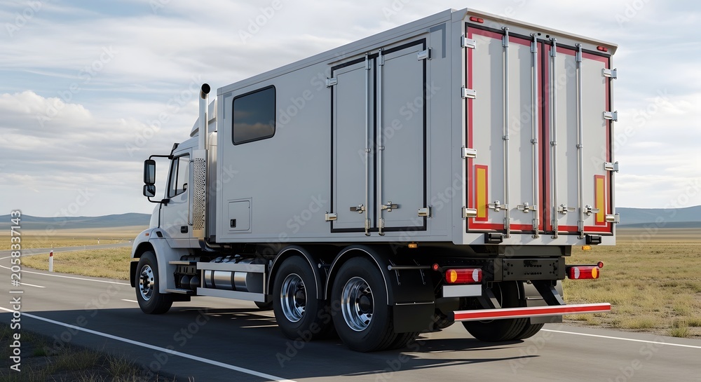 © Farid - Commercial white box truck driving on country highway road under blue sky © Farid - Commercial white box truck driving on country highway road under blue sky