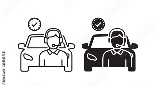 Technician Headsets with Car Service Icons Showing Availability and Support for Two Drivers in Call Center Communication