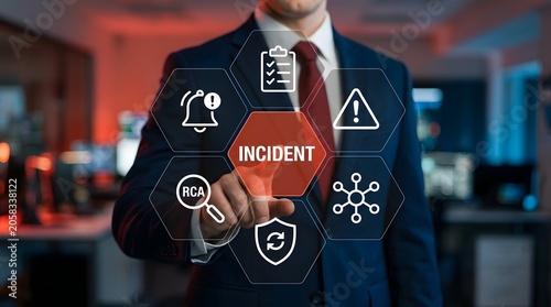 Businessman touches a virtual interface screen that features an incident management system with various icons for monitoring technical issues and network security within professional environments.