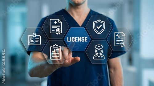 Doctor interacts with a virtual interface featuring icons representing certification and health license requirements to ensure compliance using advanced digital workflow technology solutions.