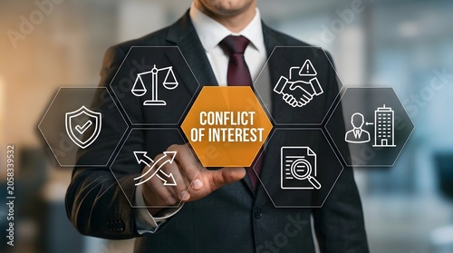 Businessman interacts with a glowing digital interface displaying a conflict of interest concept surrounded by essential icons representing legal ethics and professional integrity in management.