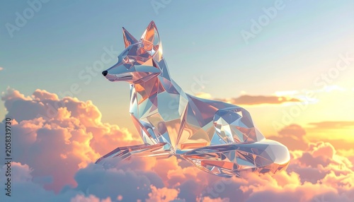 A crystal fox reclines upon fluffy clouds against a golden sunset sky