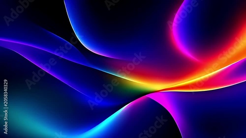 Abstract background with flowing neon light waves in vibrant purple orange and blue colors.