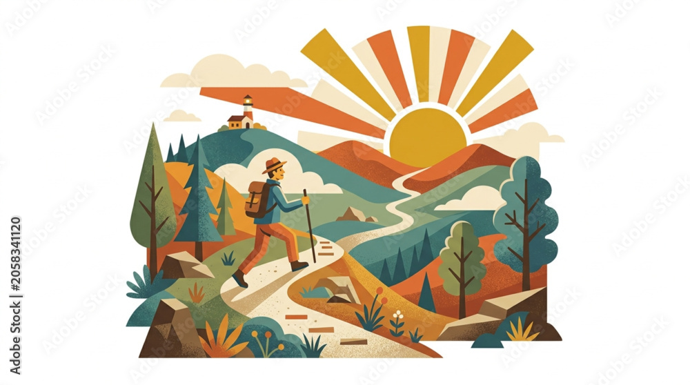 Obraz premium A lone hiker with a backpack and walking stick ascends a winding path through a vibrant, mountainous landscape with a stylized sun setting behind rolling hills