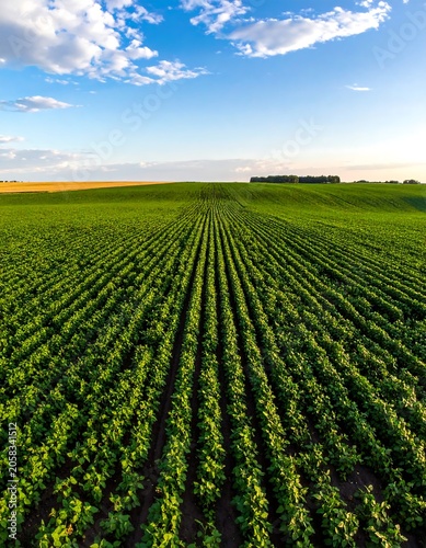 Aerial view of a vast green field with rows of crops under a blue sky with scattered clouds