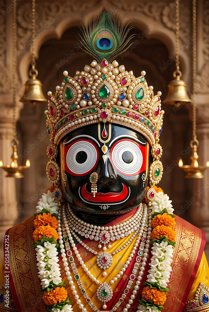 Fototapeta premium Lord jagannath idol face decorated with gold crown and peacock feather for traditional ratha yatra celebration and holy jagannath ratha yatra puja festival