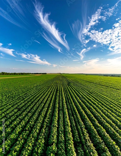 Aerial view of a vast green field with rows of crops under a blue sky with wispy clouds
