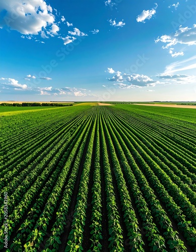 Aerial view of a vast green field with rows of crops under a blue sky with scattered clouds