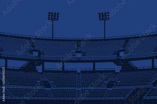 Blue Monochrome Stadium Empty Stands with Floodlights Background vector illustration