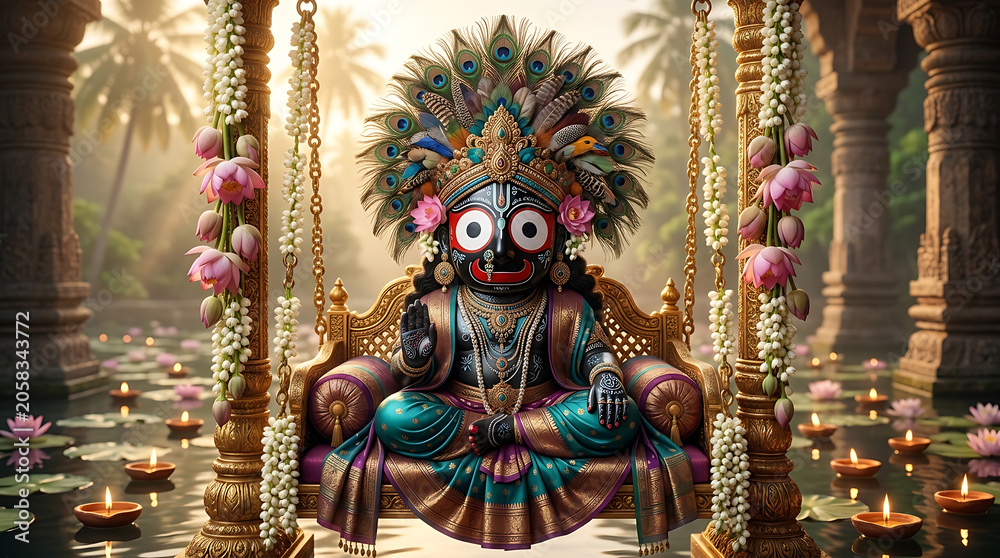 Fototapeta premium Majestic deity sitting upon a golden swing adorned with lotus flowers and peacock feathers during morning ratha yatra and joyful jagannath ratha yatra puja rituals