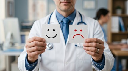 Mental health evaluation using cheerful and gloomy face illustrations held by a doctor.