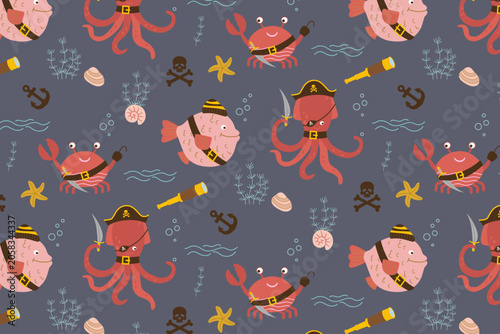 Obraz na plátně Childish vector texture with funny cartoon underwater characters like octopus and crab wearing corsair hats over grey backdrop
