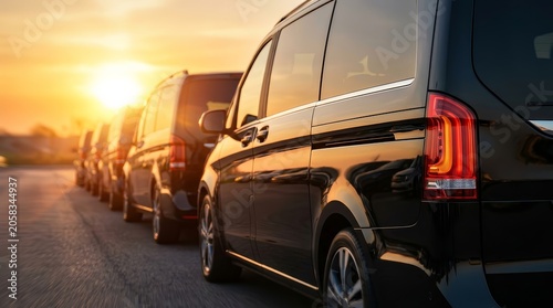 Close up view of luxury van tail lights with a sunset background and copy space.