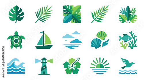 Photography A serene tropical beach scene showcases palm leaves swaying in the breeze with colorful flowers in the foreground rendered in a flat vector style