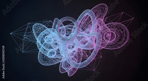 Abstract glowing digital neon wireframe mesh particle cloud structure 3D render