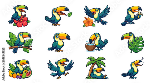 Playful Toucan Animation, Tropical Flowers, Jungle Scene, Vector Art, Colorful, Fun