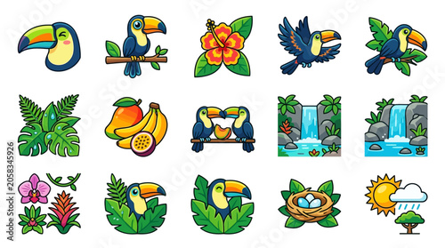 Playful Toucan Animation, Tropical Flowers, Jungle Scene, Vector Art, Colorful, Fun