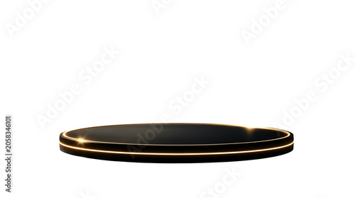 Black round podium stage with glowing gold light lines for product display isolated on transparent background