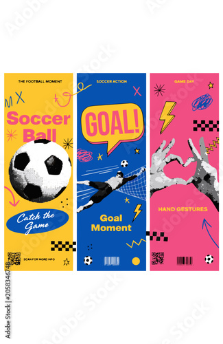 Set of football vertical poster templates. Halftone magazine cutouts with doodles. Soccer ball, goal moment, hand gestures. Social media post sports banners. Retro collage vector illustration isolated