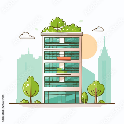 Modern Eco-Friendly Building with Green Roof and Trees