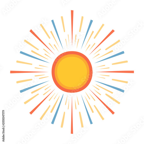 Stylized sun with colorful rays on white background