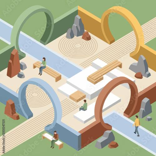 Photography Abstract isometric zen garden with pathways and arches.